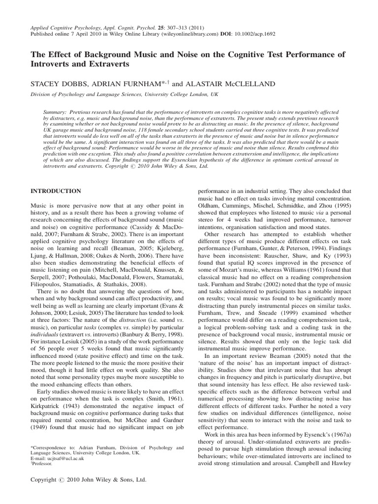 The Effect of Background Music and Noise On The Cognitive Test ...