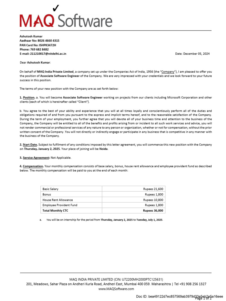 MAQ India Job Offer for Ashutosh Kumar | PDF | Employment | Salary