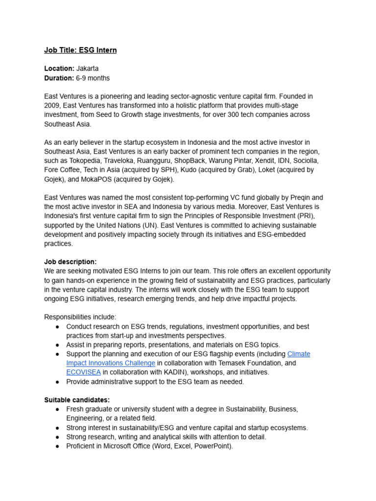 ESG Internship at East Ventures | PDF | Venture Capital | Corporate Finance