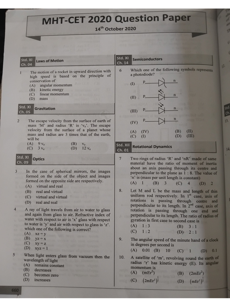 MHT - CET 2020 Question Paper (14th Oct 2020) | PDF