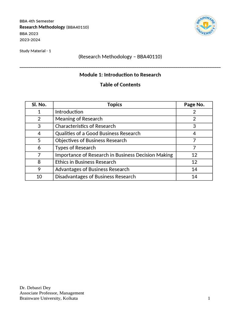 15337_BBA40110_Study Material 1_Module 1 | PDF | Quantitative Research ...