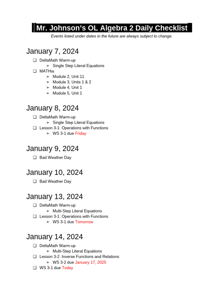 Mr. Johnson's Algebra 2 Checklist | PDF | Exponentiation | Mathematical Concepts