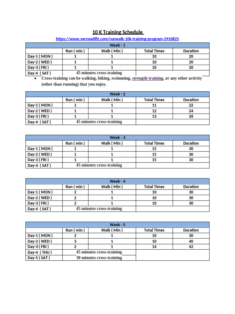 10K Run-Walk Training Plan | PDF