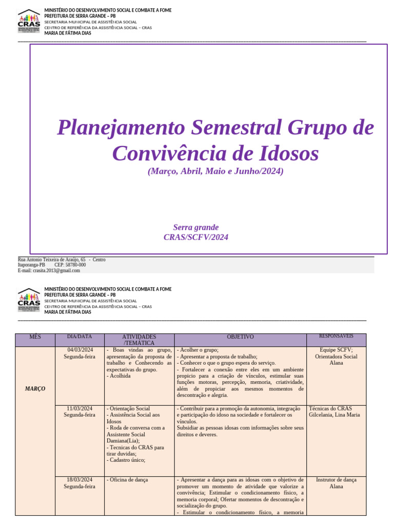 Planejamento Semestral CRAS Idosos 2024 | PDF | Hipertensão | Psicologia
