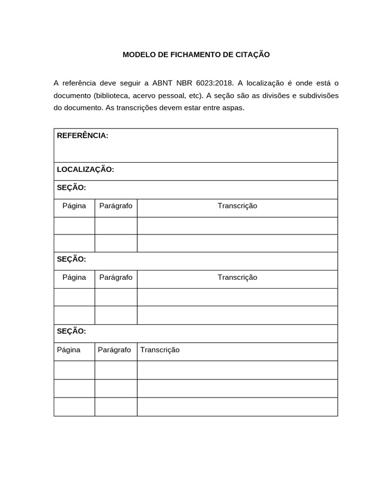Modelo de Fichamento ABNT | PDF