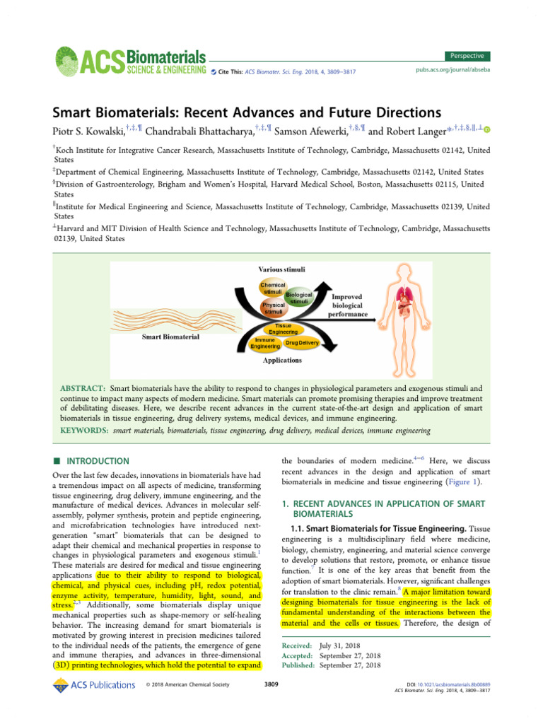 Advances in Smart Biomaterials | PDF | Tissue Engineering | Biomaterial