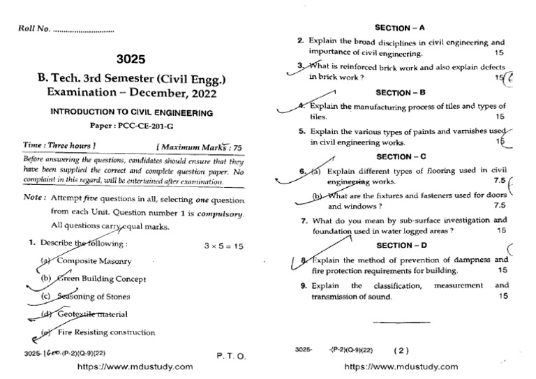 Btech Civil 3 Sem Introduction To Civil Engineering 3025 Dec 2022 | PDF