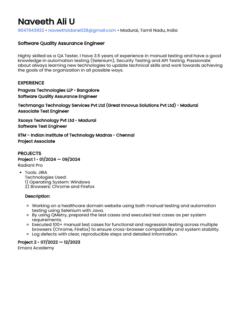 Naveeth Ali QA Resume 1 | PDF | Selenium (Software) | Software Engineering