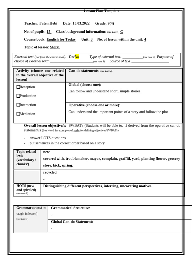 9th Grade Story Lesson Plan Template | PDF | Lesson Plan | Linguistics