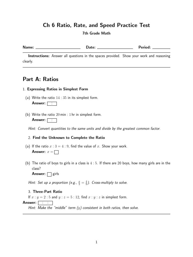 7th Grade Math: Ratios and Rates Test | PDF | Ratio | Speed