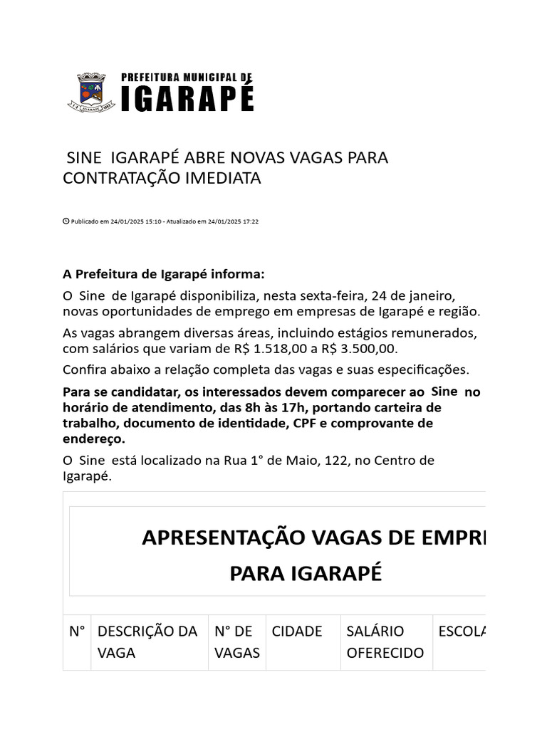 Novas Vagas de Emprego em Igarapé | PDF
