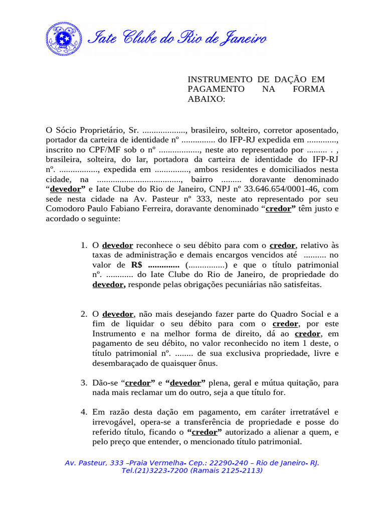 MODELO - Instrumento de Dação | PDF