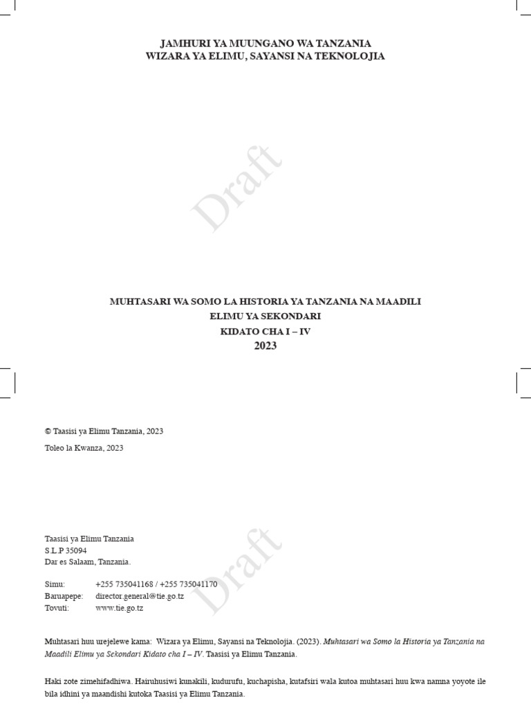 Muhtasari Wa Historia Ya Tanzania Na Maadili Kidato Cha I-IV | PDF