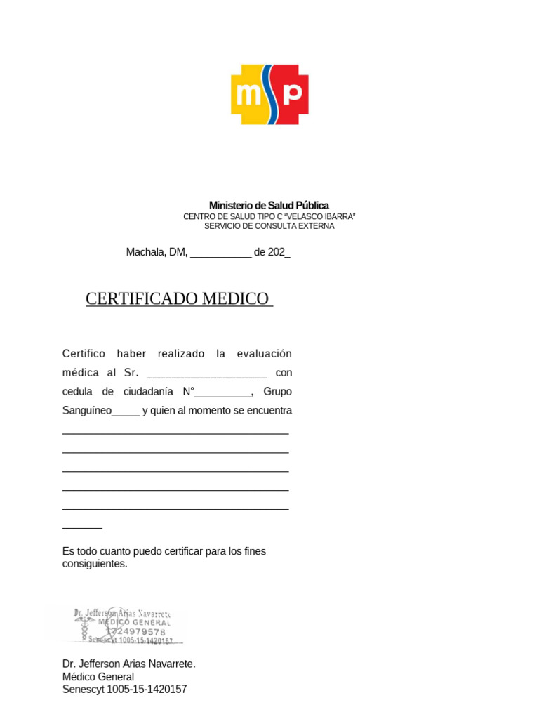 Certificado Médico de Evaluación en Machala | PDF