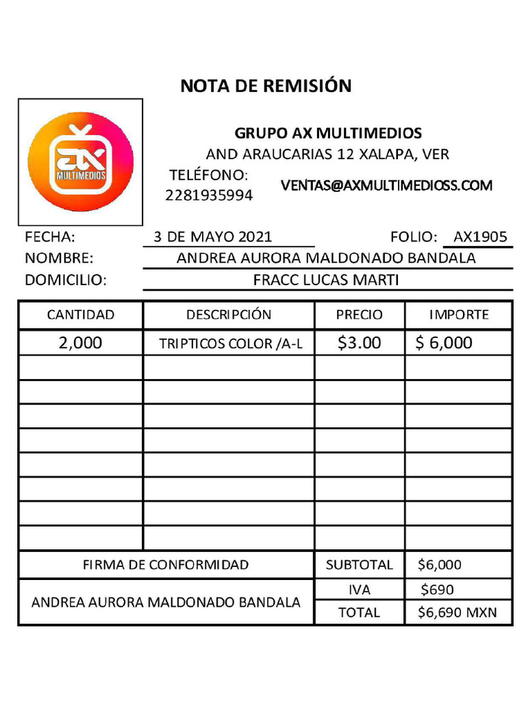 Formato Nota de Remisión - 1 | PDF