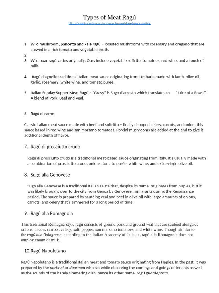 Types of Italian Meat Ragù | PDF | Tomato Sauce | Foods