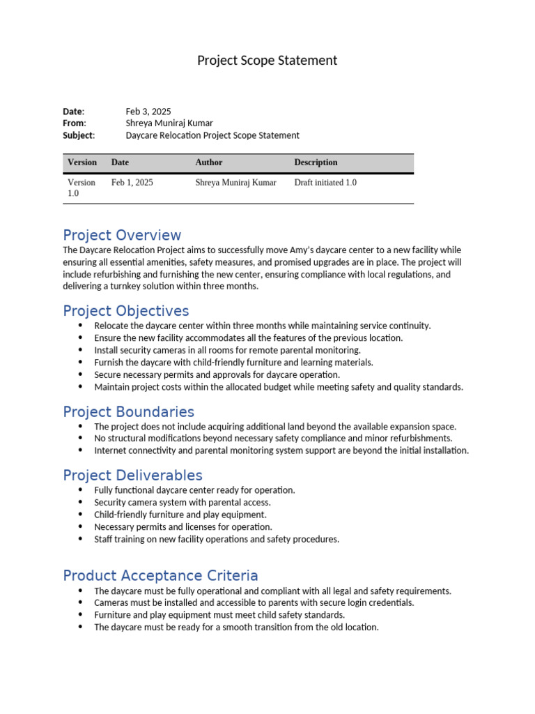 Daycare Relocation Project Scope Statement | PDF | Child Care | Safety