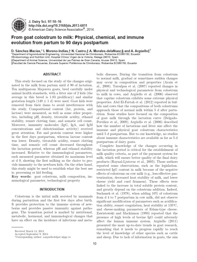 From Goat Colostrum To Milk Physical Chemical and Immu 2014 Journal of ...