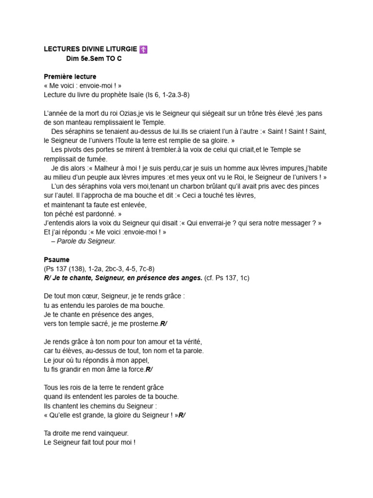Liturgie du 5e Dimanche du Temps Ordinaire | PDF | Résurrection de Jésus