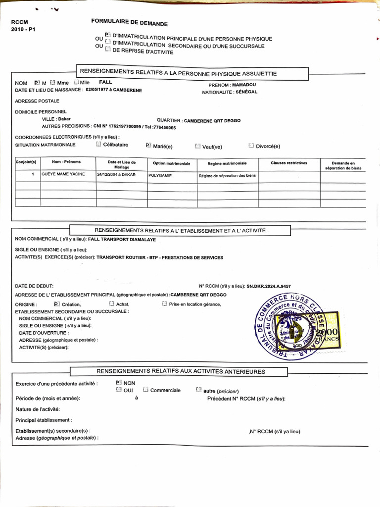 Demande d'immatriculation RCCM Sénégal | PDF | Mariage | Institutions ...