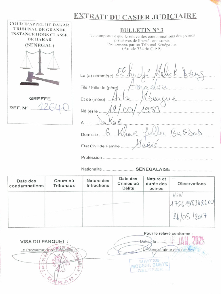 Bulletin n°3 du casier judiciaire sénégalais | PDF
