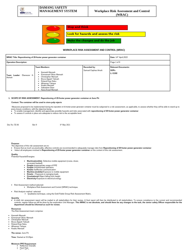 WRAC - Repositioning of Power Generator | PDF | Personal Protective ...