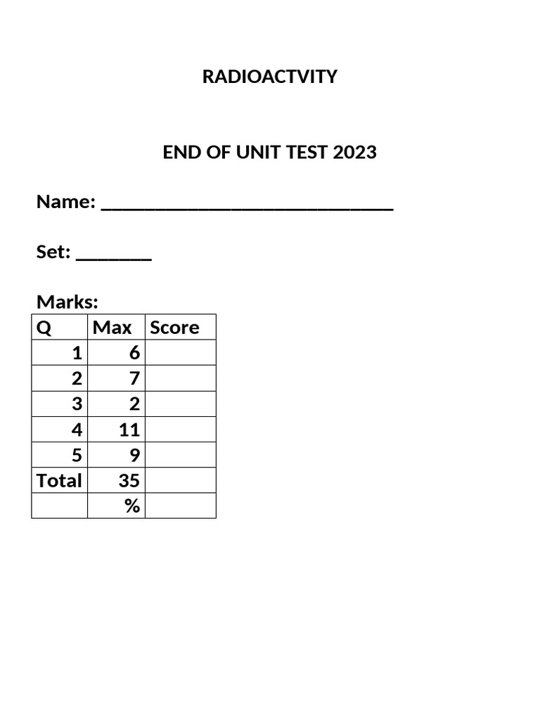 Radioactivity Test 2023 Without MS | PDF | Atomic Nucleus | Radioactive ...