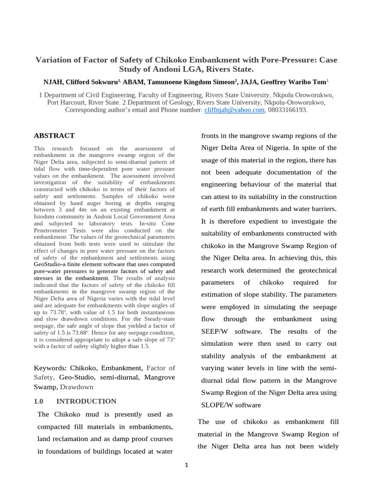 Variation of Factor of Safety of Chikoko Embankment With Pore-Pressure ...