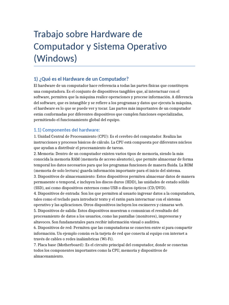 Trabajo Hardware Sistema Operativo | PDF | Hardware de la computadora ...