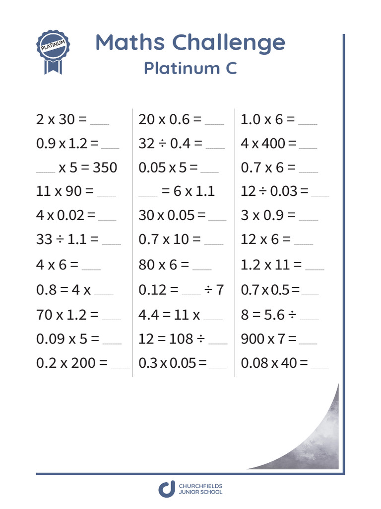 Maths Multiplication Challenge Sheets A4 Platinum C | PDF