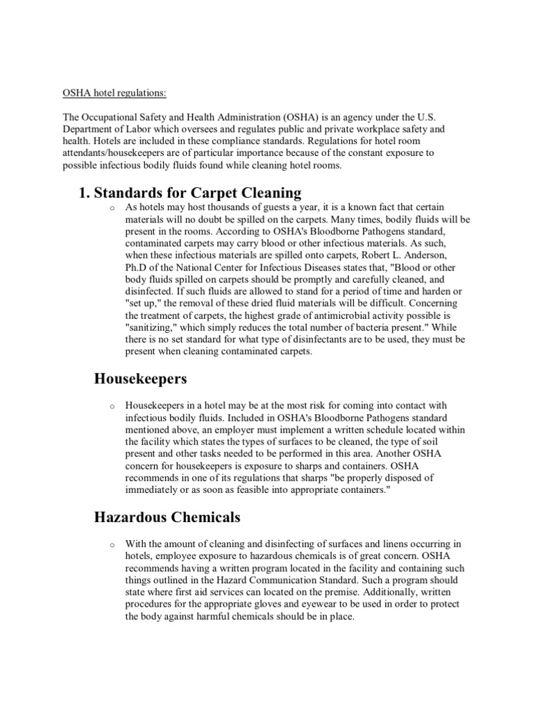 OSHA Hotel Regulations | PDF | Housekeeping | Occupational Safety And ...