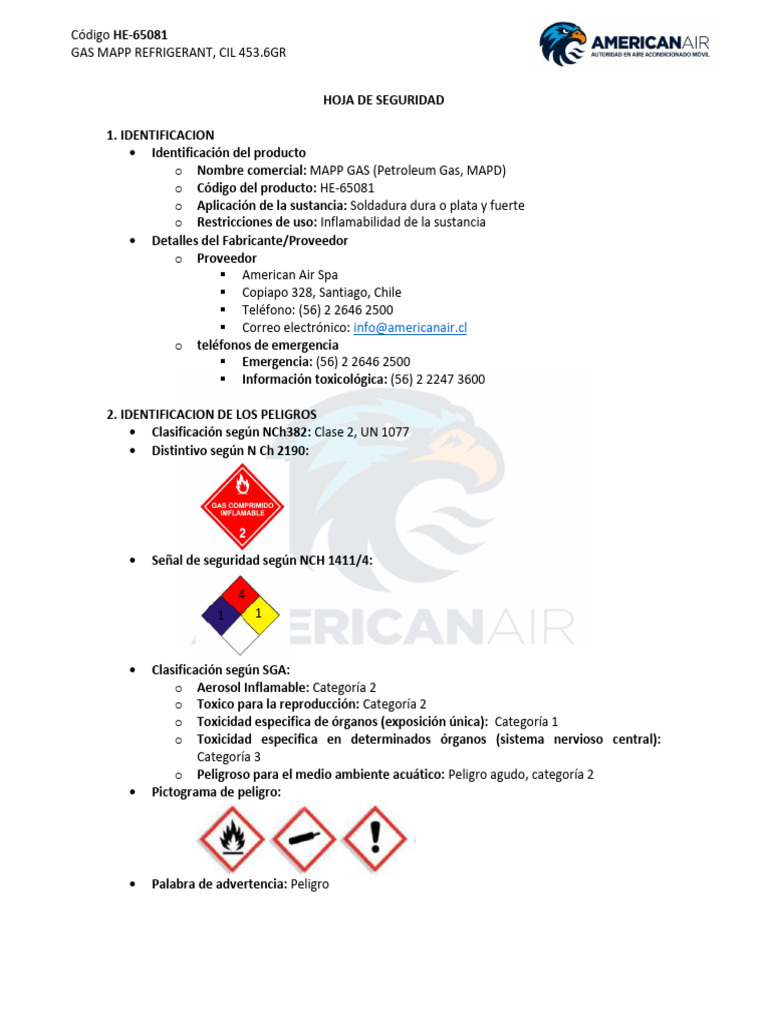 Hoja de Seguridad Gas MAPP HE-65081 | PDF | Agua | Combustión