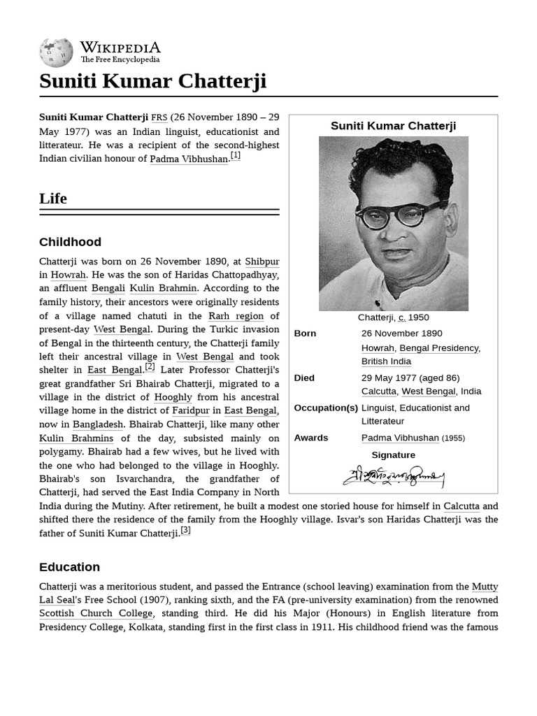 Suniti Kumar Chatterji: Birth Details | PDF