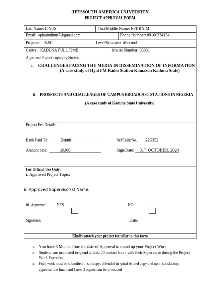 Project Approval Form for B.Sc. Students | PDF