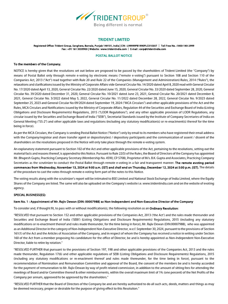 Trident Limited Postal Ballot Notice 2024 | PDF | Electronic Voting ...