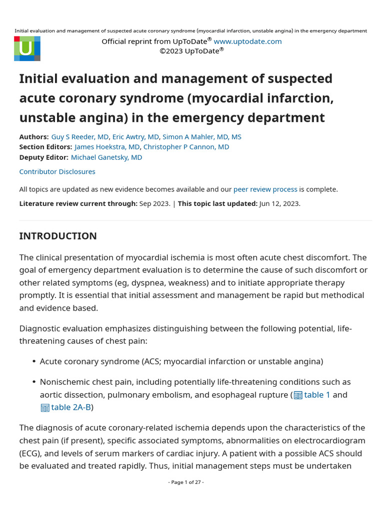 Initial Evaluation and Management of Suspected Acute Coronary Syndrome ...