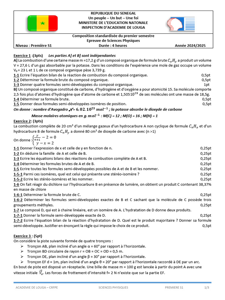Exercices de Sciences Physiques S1 | PDF | Pendule (physique) | Carbone