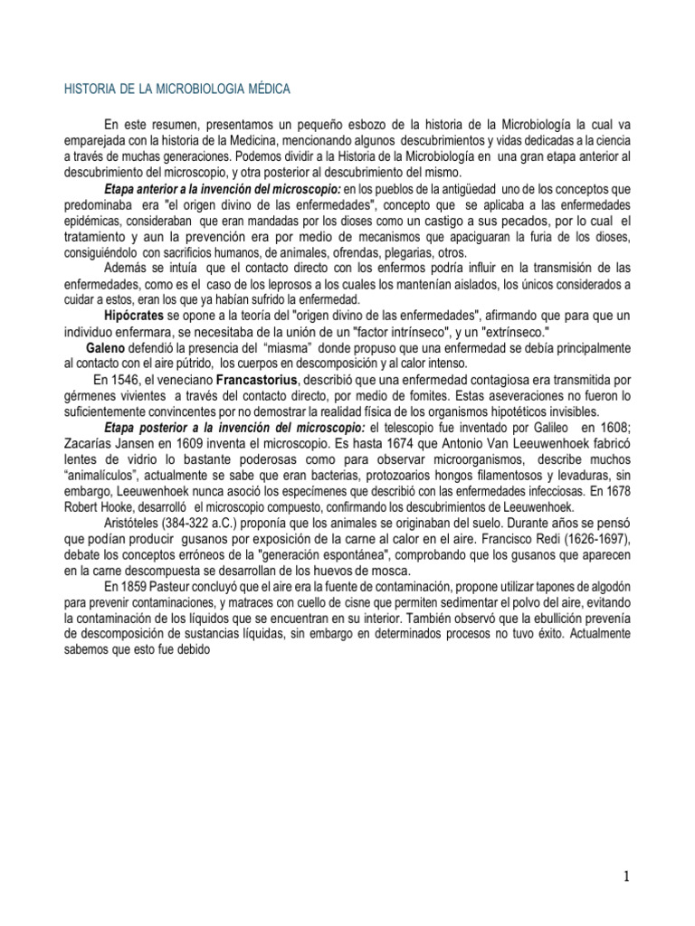 Historia de la Microbiología Médica | PDF | Microorganismo | Luis Pasteur