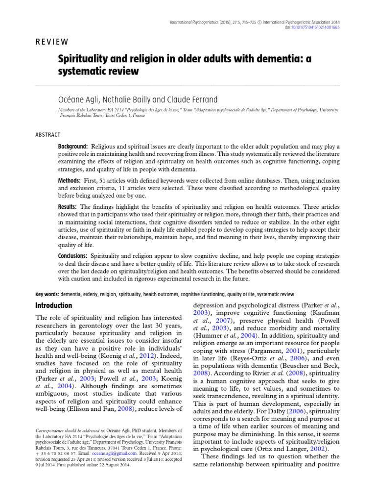 Spirituality and Religion in o | PDF | Dementia | Spirituality