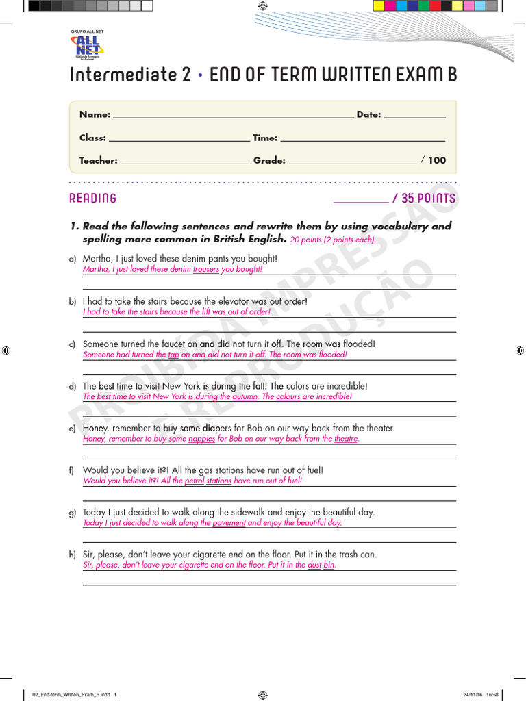 Intermediate 2 - End-of-term Written Exam B - TG | PDF