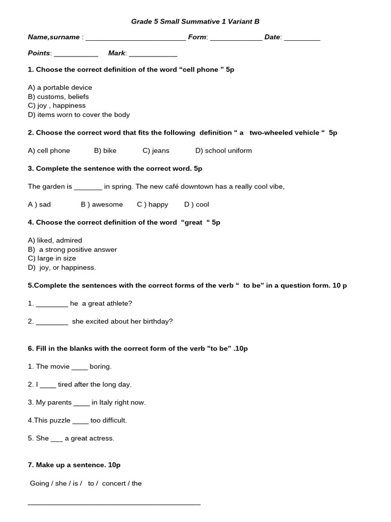 Grade 5 Small Summative 1 Variant B Pdf