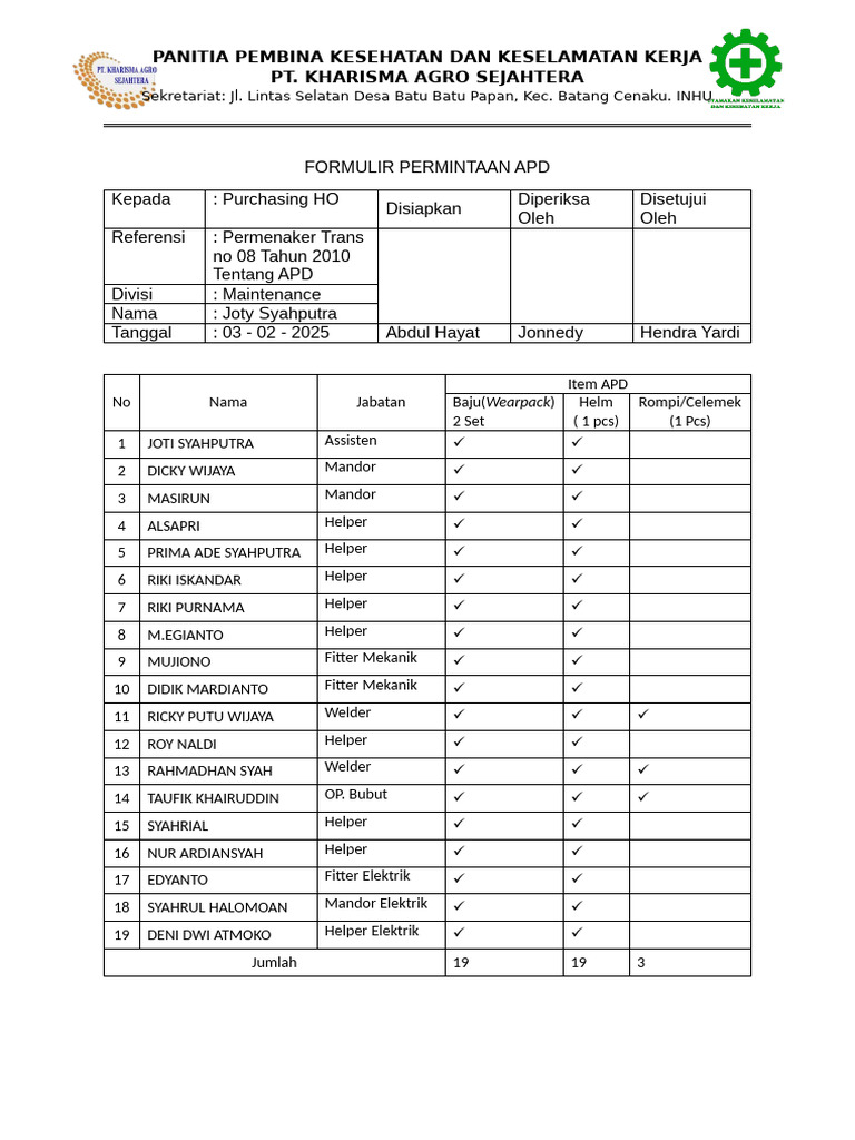 Formulir Permintaan APD Kesehatan Kerja | PDF