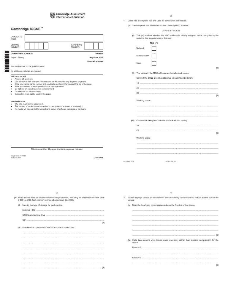 IGCSE Computer Science Paper 1 Theory | PDF | Data Compression ...