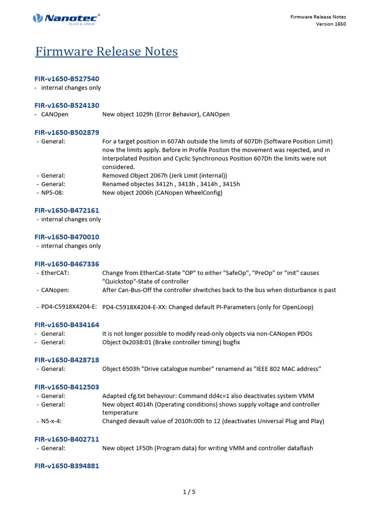 Nanotec - Firmware Release Notes FIR-v1650-B527540 | PDF | Computer ...