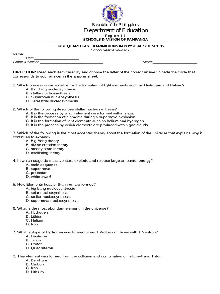 Physical Science 12 Exam 2024-2025 | PDF | Chemical Polarity | Atoms