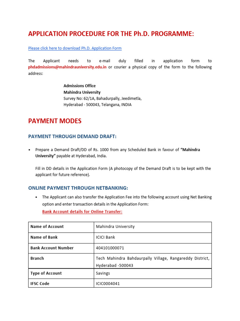 Ph.D. Application Process at Mahindra University | PDF