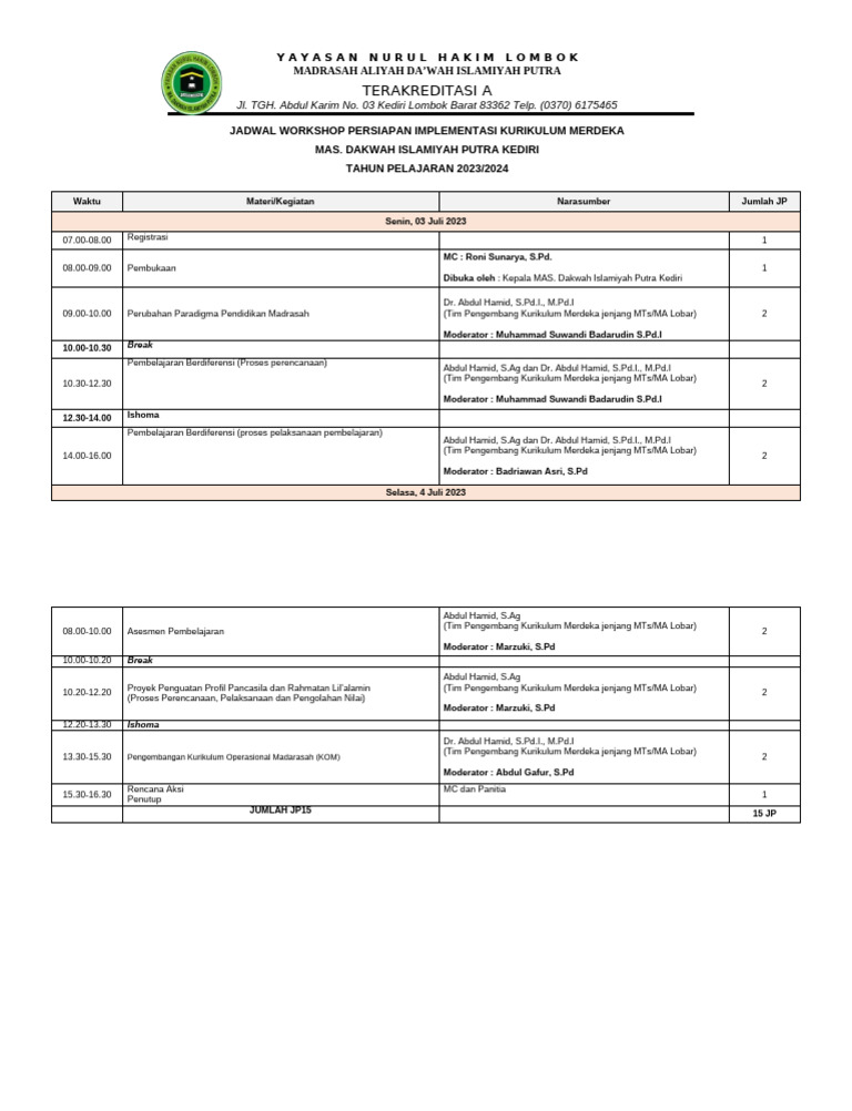 Jadwal Workshop Kurikulum Merdeka 2023 | PDF