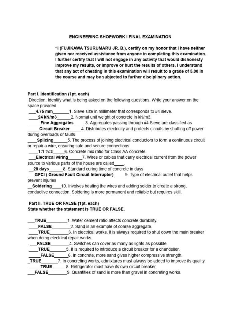 Engineering Shopwork I Final Examination | PDF | Concrete | Civil ...