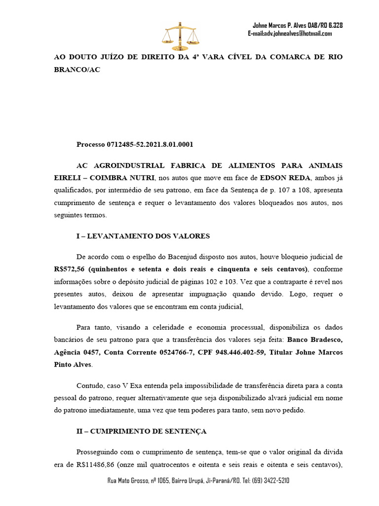 1 Petição Intercorrente - Cumprimento de Sentença e Levantamento Dos ...