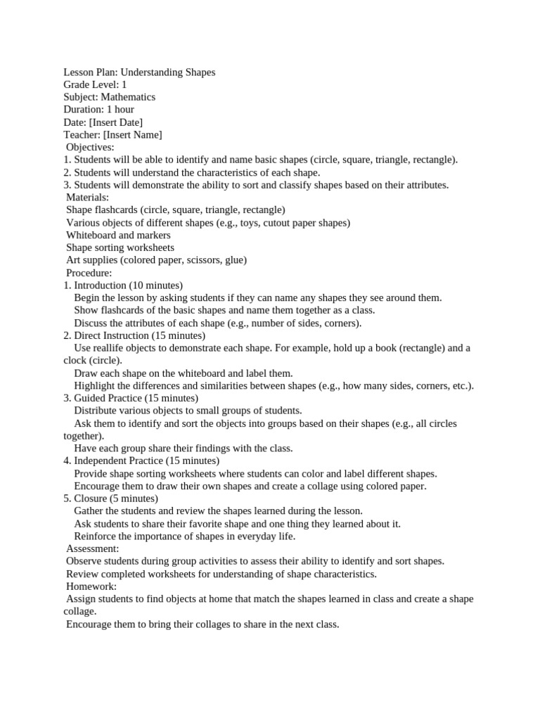Lesson Plan 1 Shapes | PDF